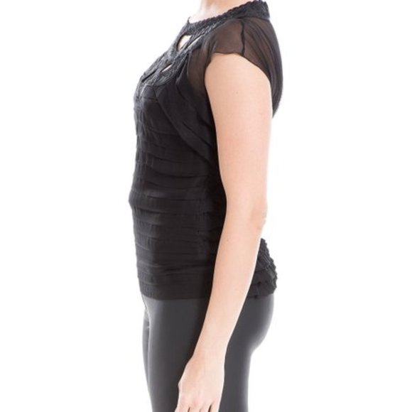 NWT Leon Max | Black Pleated-Yoke Silk Cap-Sleeve Top - M - Picture 2 of 8